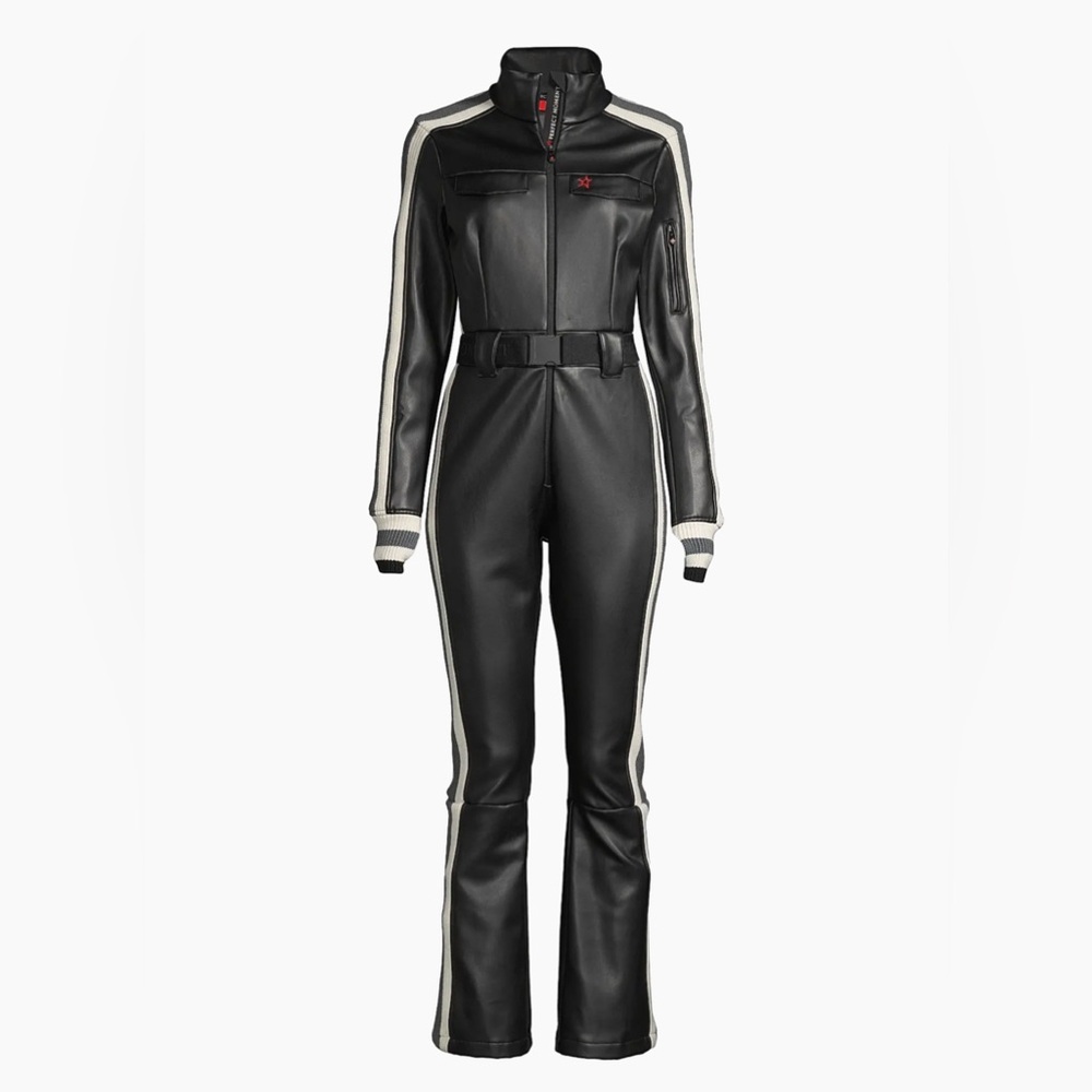 NWOT Perfect Moment Crystal Belted Stripe Faux Leather Ski Suit Jumpsuit XS
